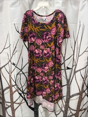 LuLaRoe Purple Floral High-Low Dress with Mustard Accents